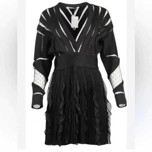 $3950 GIVENCHY BLACK SILK V NECK EYELET TRIM ACCORDION PLEATED SKIRT DRESS Sz M - Picture 3 of 7